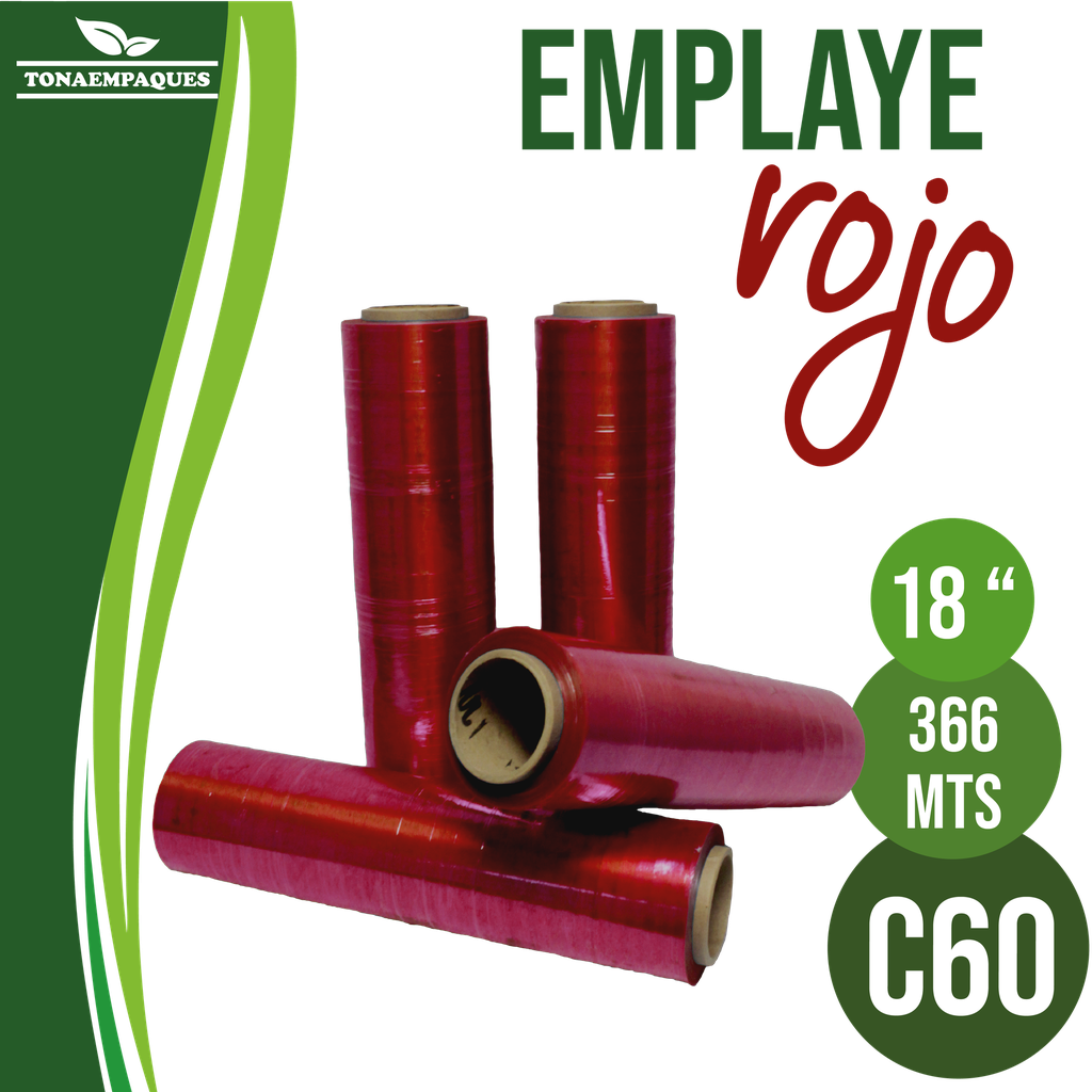 Pelicula Emplaye Manual Color Rojo 18" x C60 x 1,200 Ft - 366 metros -Peso 2.75 Kg TiuPlast