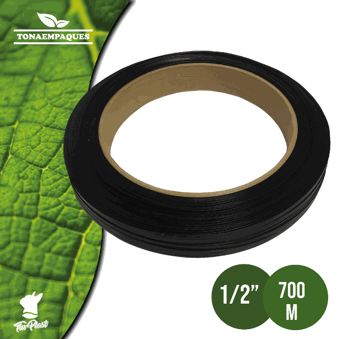 Fleje manual de polipropileno moleteado negro de 1/2" de ancho x 700 m de largo
