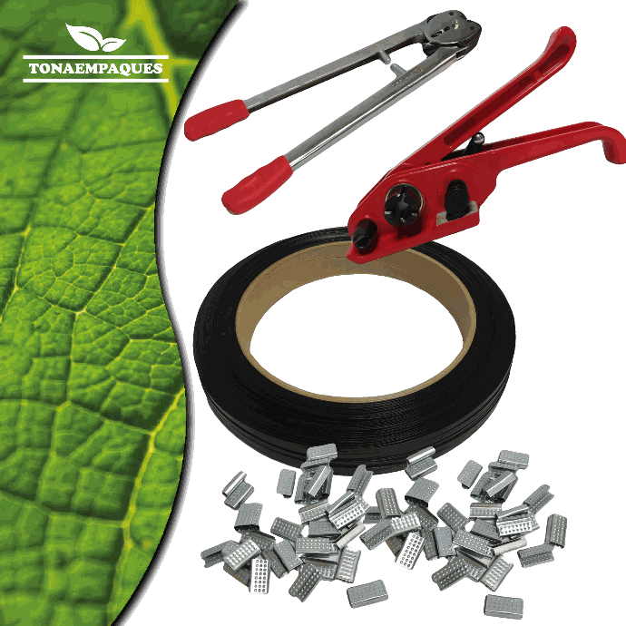 Kit de flejado completo incluye 1 pinza selladora, 1 pinza tensionadora, 1 millar de grapas/ sellos y 1 fleje de polipropileno