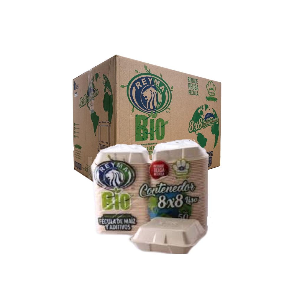 [CN8X8L4PBIO CAJA-R1AM1S1] CONTENEDOR TERMICO BIODEGRADABLE 8X8 LISO REYMA 4 PAQ/50 PZAS