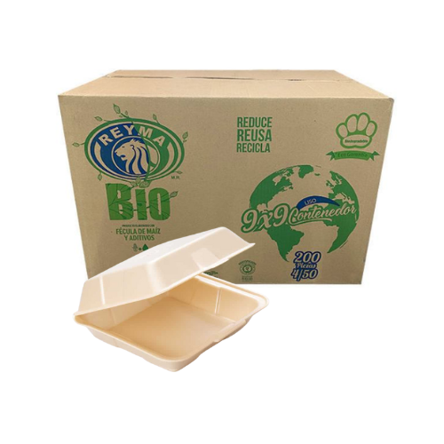 [CN9X9L4PBIO CAJA-R1AM1S0] CONTENEDOR TERMICO BIODEGRADABLE 9X9 LISO REYMA 4 PAQ/50 PZAS 
