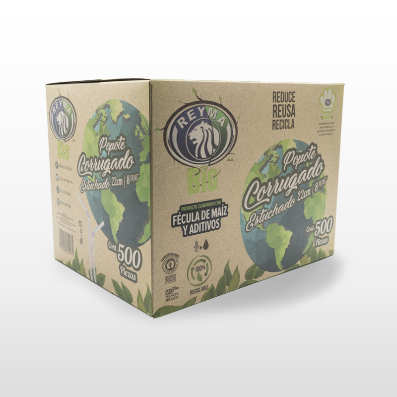 [POCESCO22BIO-R1M3S2] POPOTE BIODEGRADABLE CAJA ESTUCHADO CORRUGADO 22 CM 1 CJ/500 PZAS
