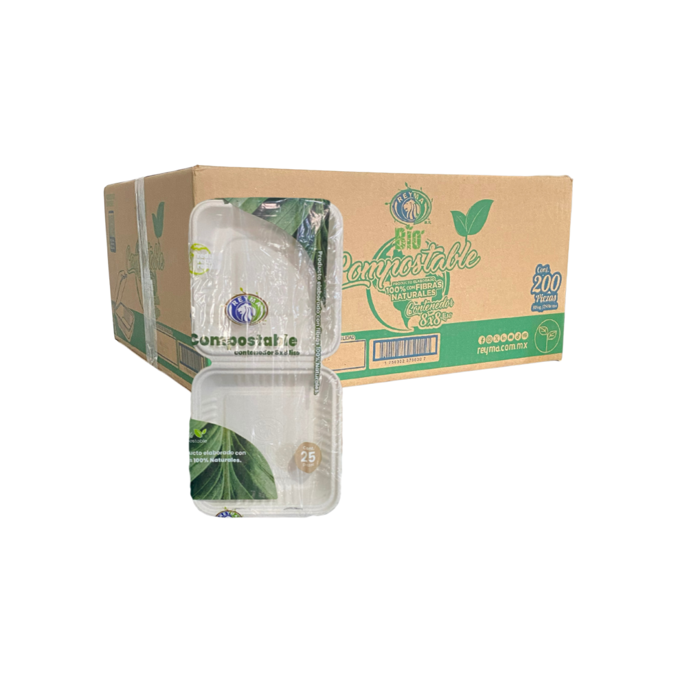[CNCP8X8L CAJA-R1M4S2] CONTENEDOR COMPOSTABLE 8X8 LISO REYMA 8 PAQ/25 PZAS