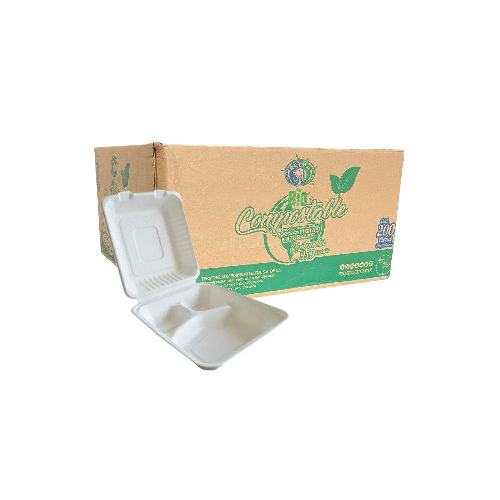 [CNCP9X9D CAJA-R7BM2S0] CONTENEDOR COMPOSTABLE 9X9 DIVISIÓN REYMA 8 PAQ/25 PZAS
