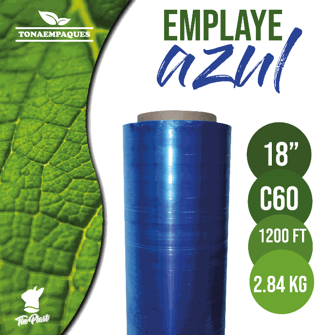 Pelicula Emplaye Manual Color Azul 18" x C60 x 1,200 Ft - 366 metros -Peso 2.75 Kg TiuPlast