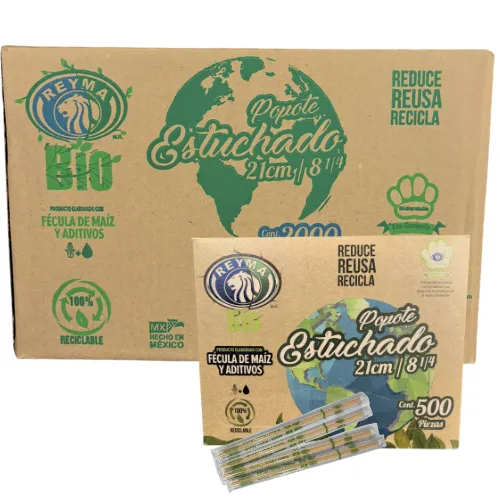 [POCES21BIO CAJA-R1M3S2] POPOTE BIODEGRADABLE CAJA ESTUCHADO 21 CM 4 CJS/500 PZAS 