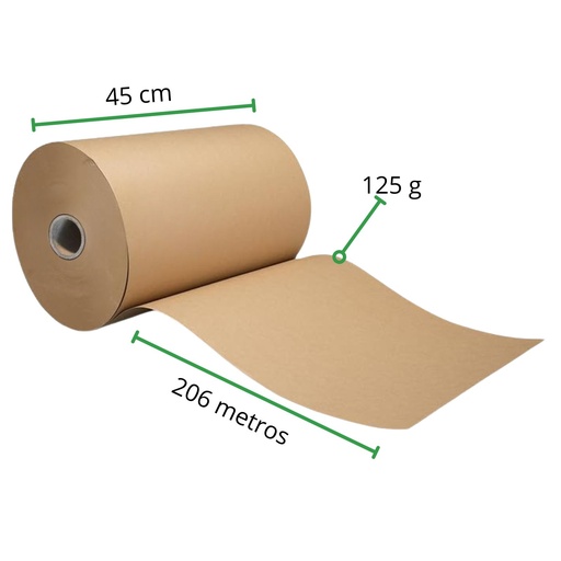 [PK45X125-R2M4S2] Papel Kraft rollo 45 cm de ancho x 206 metros de largo x Cal 125 g - Peso 12 Kg