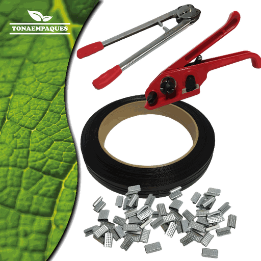 Kit de flejado completo incluye 1 pinza selladora, 1 pinza tensionadora, 1 millar de grapas/ sellos y 1 fleje de polipropileno